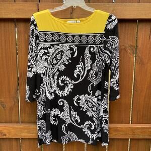 Susan Graver Yellow Black/White Geo Paisley Tunic Top Mini Dress Womens Small